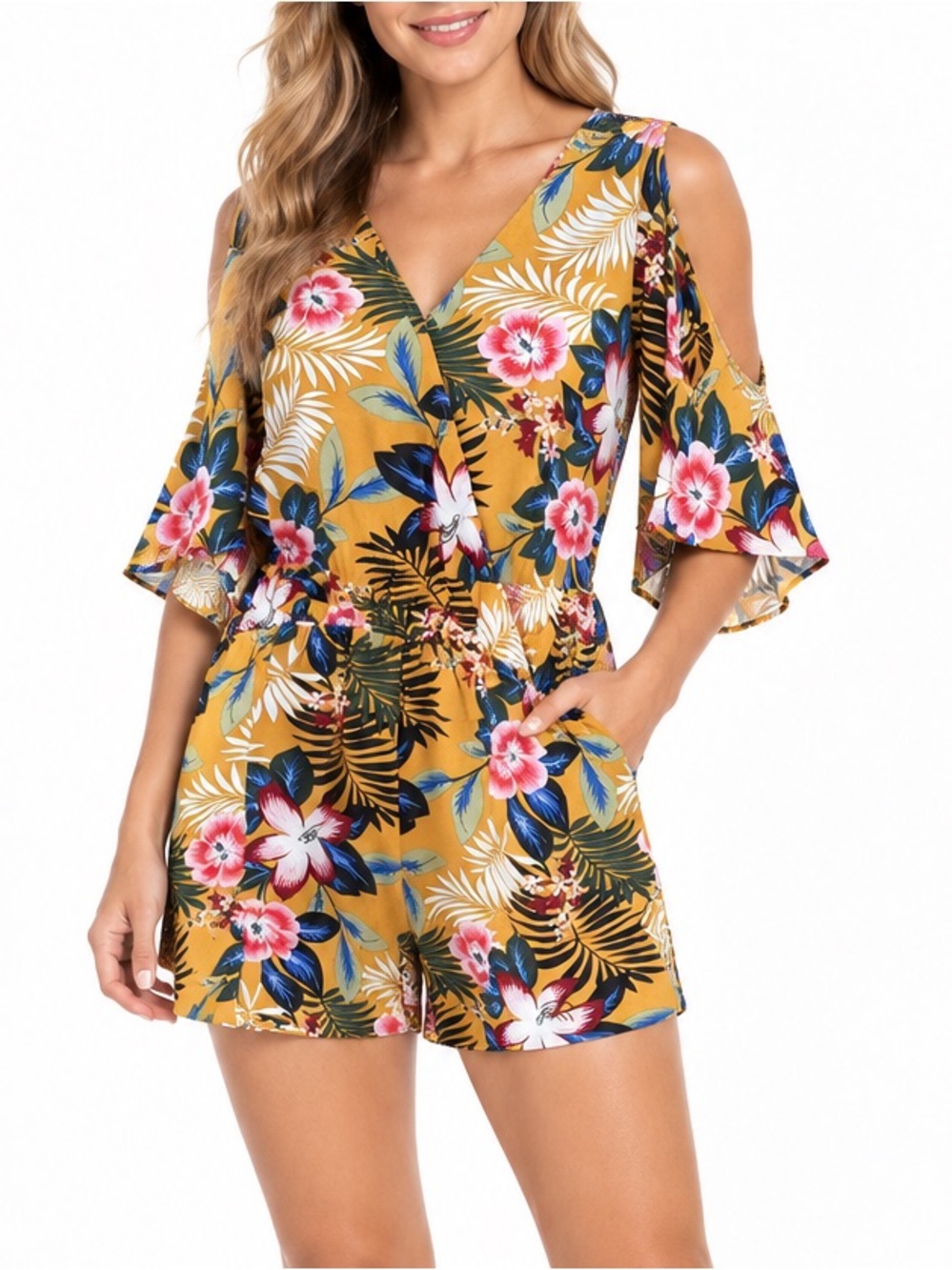 Easel mustard yellow tropical floral print relaxed fit romper